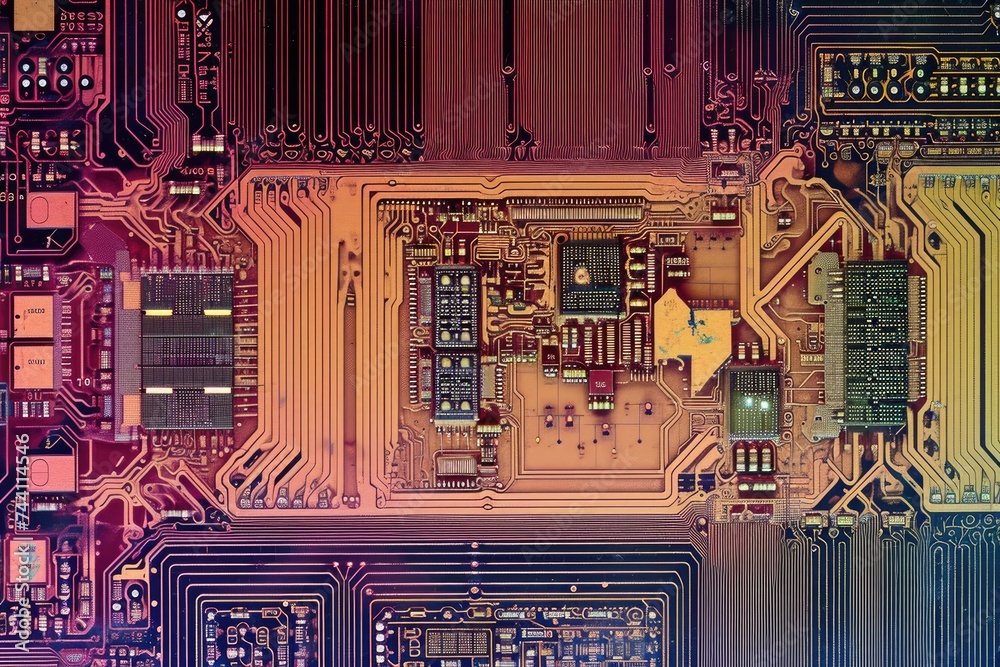 Poster a detailed view of the intricate components and pathways on a computer circuit board, cross-section 