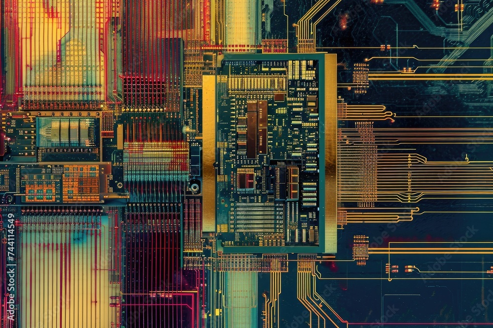 Poster close up of a computer circuit board, cross-section of a high-power microchip with all circuit detai