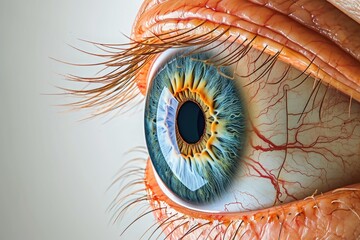 This close-up photograph captures the intricate details of a human eye, Cross-section view of a human eye, AI Generated