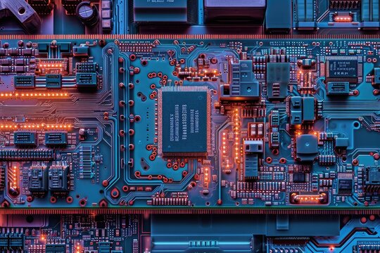 A detailed view of a computer circuit board, showcasing the intricate pattern of electronic components, Cross-section of a high-power microchip with all circuit details, AI Generated
