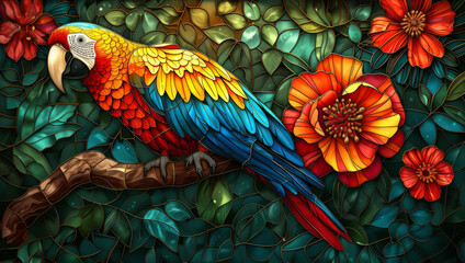 Fototapeta premium Stained glass window background with colorful parrot abstract.