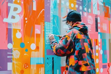 A man stands in front of a vibrant wall, showcasing an array of bright colors, Crypto artist painting a mural of blockchain symbols and codes, AI Generated
