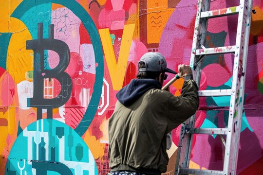 A man is using paint and brushes to create a mural on the exterior wall of a building in a bustling urban setting, Crypto artist painting a mural of blockchain symbols and codes, AI Generated