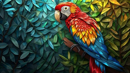 Stained glass window background with colorful parrot abstract.