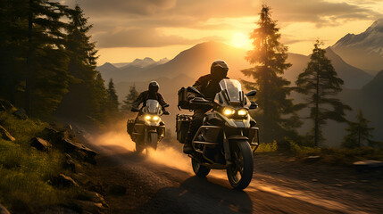 two people riding motorcycles in the forest at sunset