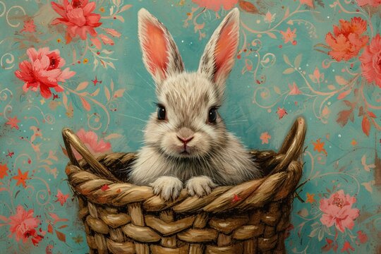 A fluffy domestic rabbit peeks out from a cozy basket, its curious nature evident as it explores its indoor home