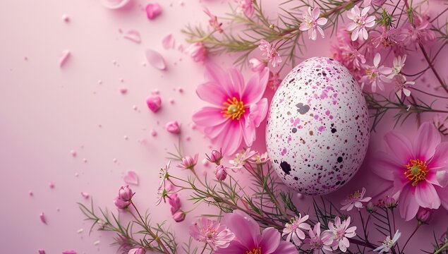 A delicate egg nestled among vibrant pink flowers, evoking feelings of new beginnings and the beauty of nature in the springtime
