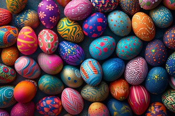Fototapeta na wymiar A vibrant cluster of intricately decorated easter eggs, each resembling a spherical work of art, evoking feelings of joy and celebration