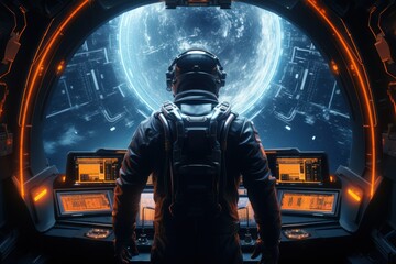 Fototapeta premium Futuristic scene with an astronaut in a spacesuit in the airlock of a space vehicle, preparing for an otherworldly odyssey.