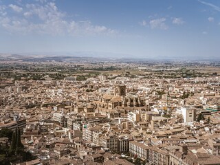 Aerial panoramic view landscape cityscape of Granada old town city center with the cathedral of Incarnation or Santa Iglesia