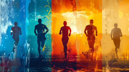 silhouette of athletes training  - obrazy, fototapety, plakaty