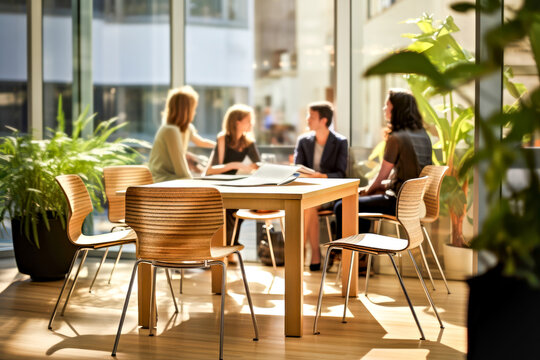 Eco-friendly furniture made of wood and natural materials in modern office with green plants, lush greenery. Group employees different genders in sunlight sustainable working environment atmosphere