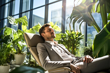 Man employee in a suit relaxing in recliner lounge chair in break area with lush greenery modern office. Concept of mental wellbeing and balanced work environment with corporate sustainability values
