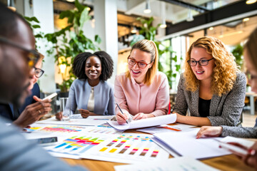 International group of diverse professionals young women and men in a collaborative brainstorming session. Working together on sustainable development goals, teamwork in a green office environment