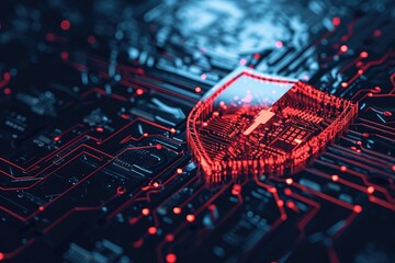 A computer chip with a red light on top of it, emitting a vibrant glow, Cyber security shield protecting against malware attack, AI Generated
