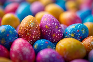 Fototapeta na wymiar A vibrant assortment of easter eggs, adorned with sweet candy and decorated in an array of bold colors, invite you to indulge in the festive celebration of spring