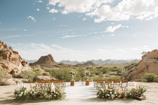 Outdoor Wedding Setup in the Desert, Desert wedding with a tribal ceremony under the vast, star-lit skies, AI Generated