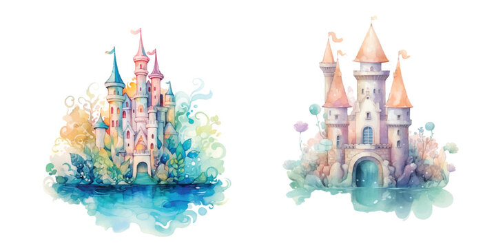  underwater castle watercolor vector illustration