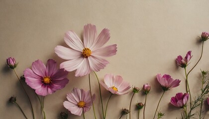 pink flowers on beige paper background
