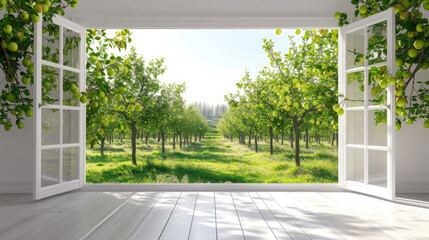 view from the window of an apple orchard with fruits on the trees, greenery, park, open glass doors, sunlight