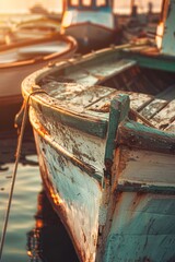 a part of fishing boat in a harbor at sunset warm color shadow