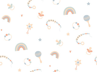 Cute seamless Pattern with Newborn Accessories. Boy girl Toy items. Nursery Baby Shower Background in pastel colors. Hand drawn Pacifier, Rattle, rainbow
