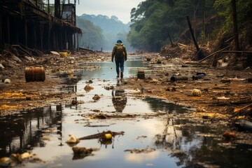 A man is walking in a dirty and polluted river after the rain - obrazy, fototapety, plakaty