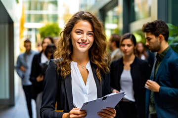 Young woman employee volunteer with clipboard collecting signatures for social action campaign on sunny street. Concept of company involvement in ecology initiatives and corporate sustainability