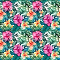 Tuinposter Tropical Paradise. Hibiscus and Palm Watercolor Pattern © yganko