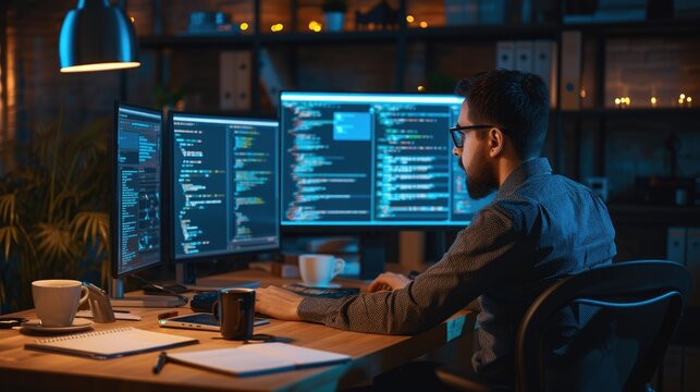 A software developer works on code late into the night, illuminated by the glow of multiple computer screens in a modern office. AIG41