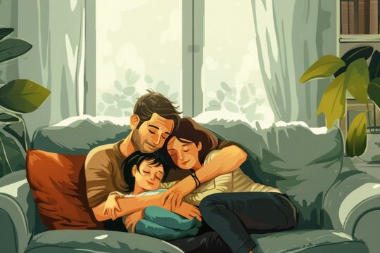 illustration of a family cuddling together in the sofa