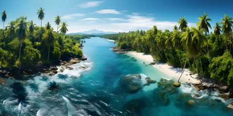 Stunning aerial panorama of tropical island captures beauty and vastness from above. Concept Island Scenery, Aerial Photography, Tropical Paradise, Vast Views, Stunning Panorama