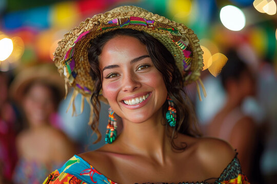 Mulher sorrindo no  S&atilde;o Jo&atilde;o e Festas Juninas