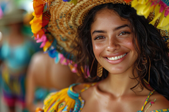 Mulher sorrindo no  S&atilde;o Jo&atilde;o e Festas Juninas