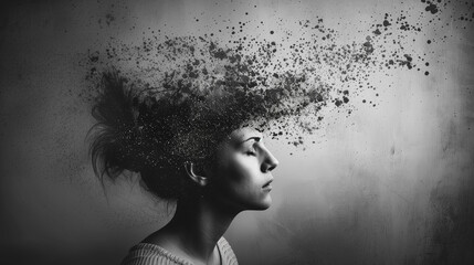 Abstract black and white image of a person's profile with head disintegrating into particles, symbolizing evanescence or mental health. - obrazy, fototapety, plakaty