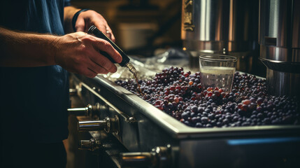 Hand of a winemaker adjusting machinery during the grape processing stage. - obrazy, fototapety, plakaty