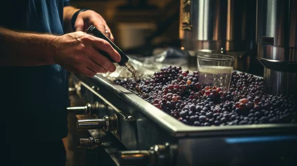 Fotobehang Hand of a winemaker adjusting machinery during the grape processing stage. © Sergei