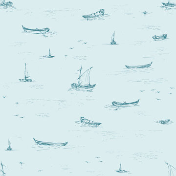 Drifting Boats Decorative vector seamless pattern. Repeating background. Tileable wallpaper print.