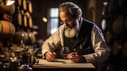  Bearded winemaker evaluating wine during a tasting session in the cellar. - obrazy, fototapety, plakaty