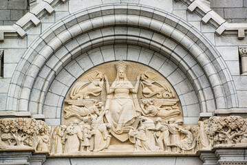 Sainte anne beaupré, Canada - April 14 2018: Front facade of Basilica sainte anne beaupré in...