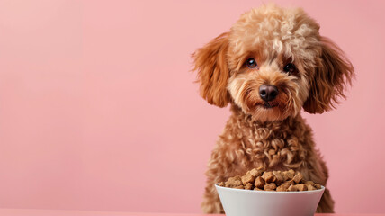 Perro caniche con plato de comida