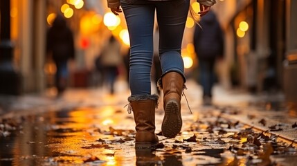 Close up of legs of a young woman walking through a wet street in the rain