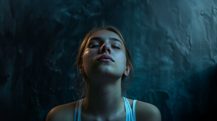 Portrait of a young woman with eyes closed, expressing tranquility against a dark, textured background with moody lighting.