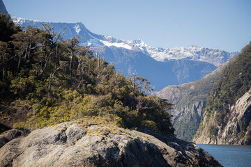 snowy mountain in the background of mild ford sound