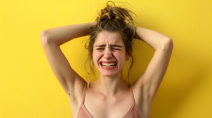 Stressed young woman with hands in hair against yellow background, expressing frustration or headache.