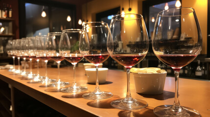 Wine tasting setup with multiple glasses of rosé on a bar counter. - obrazy, fototapety, plakaty