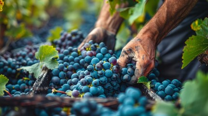 Harvesting hands picking fresh grapes from the vine in a vineyard. - obrazy, fototapety, plakaty
