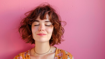 Portrait of a young woman with short hair smiling with closed eyes against a pink background.