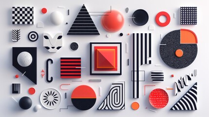 A vibrant collage of geometric shapes, patterns, and textures in a balanced modern art composition.
