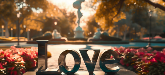 Word Love in foreground with vibrant flowers and a blurred fountain in a sunny park setting. - Powered by Adobe